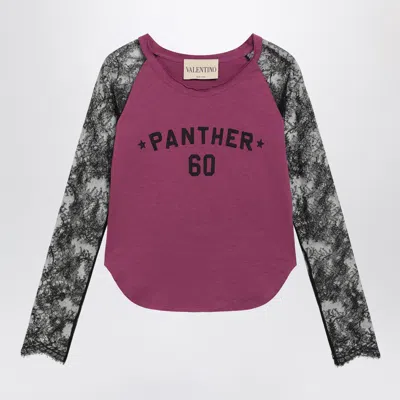 Valentino Cyclamen Panther 60 T-shirt With Black Lace Sleeves In Purple