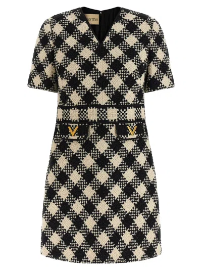Valentino Damier Tweed Dress Dresses White/black