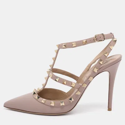 Pre-owned Valentino Garavani Dark Beige Leather Rockstud Ankle Strap Pumps Size 39.5 In Sand