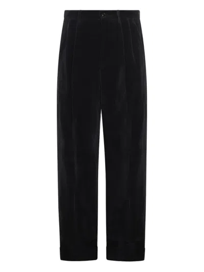 VALENTINO DARK BLUE COTTON AND LINEN BLEND TROUSERS