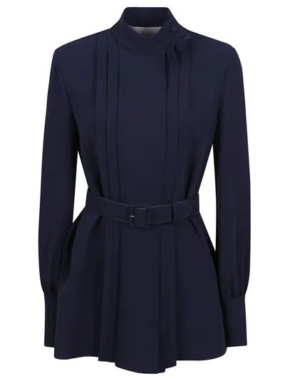 Valentino Dark Blue Silk Shirt With Stand-up Collar
