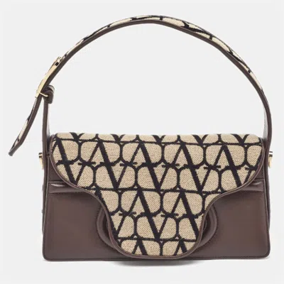 Pre-owned Valentino Garavani Dark Brown/beige Leather And Canvas Le Grand Deuxième Logo Plaque Shoulder Bag