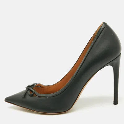 Pre-owned Valentino Garavani Dark Green Leather Bow Cut Out Pointed Toe Pumps Size 38.5