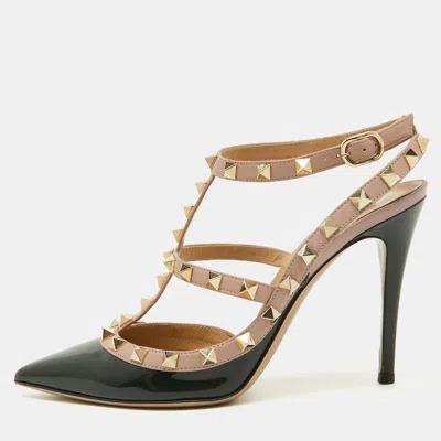 Pre-owned Valentino Garavani Dark Green/beige Patent Leather Rockstud Pumps Size 38