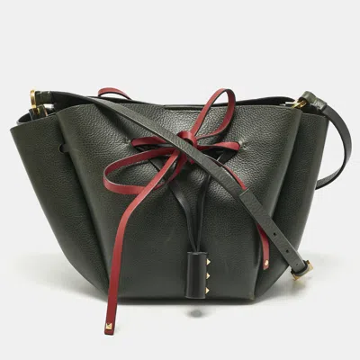Pre-owned Valentino Garavani Dark Green/red Leather Medium Vlogo Bucket Bag