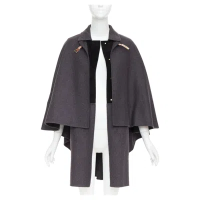 Pre-owned Valentino Dark Grey Wool Angora Brown Leather Cape Sleeve Layered Coat It38 Xs In Gray