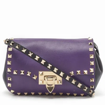 Pre-owned Valentino Garavani Dark Purple/black Leather Rockstud Flap Shoulder Bag