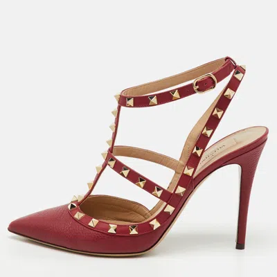 Pre-owned Valentino Garavani Dark Red Leather Rockstud Ankle Strap Pumps Size 41