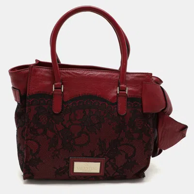 Pre-owned Valentino Garavani Dark Red/black Leather And Lace Bow Tote