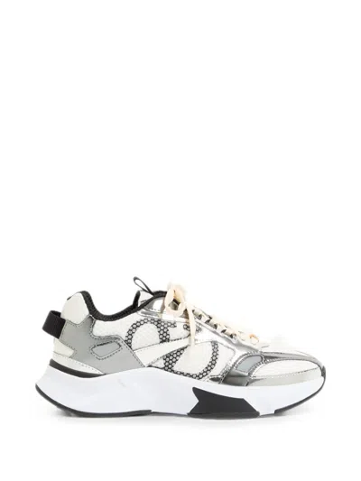 Valentino Garavani Mesh Leather Denivee Sneakers Rubber Sole In Multi