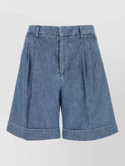 Valentino Denim Bermuda Shorts Belt Loops Pleats In Blue