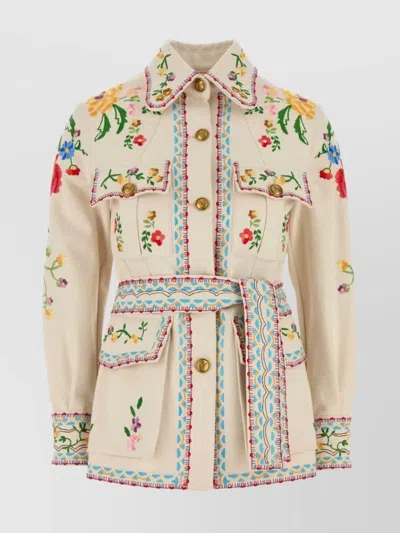 VALENTINO DENIM BLAZER WITH FLORAL EMBROIDERY AND BELT