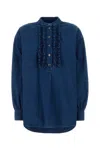 Valentino Ruffle Denim Shirts In Blue