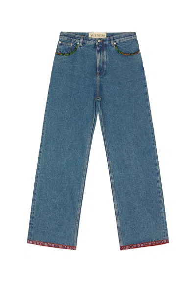 Valentino Mens Medium Blue Denim Printed-trims Straight-leg Denim Jeans