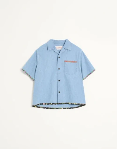 VALENTINO VALENTINO DENIM BOWLING SHIRT WITH FLORAL PRINT TRIM