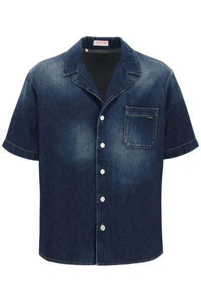 Valentino Washed Chambray Bowling Shirt In Blue