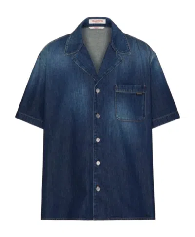 Valentino Denim Chambray Bowling Shirt In Blue