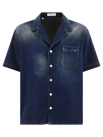 Valentino Denim Chambray Cotton Bowling Shirt For Men In Blue