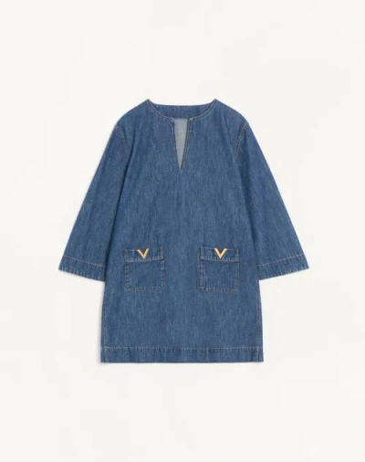Valentino Vlogo Signature Denim Dress Three Quarter Sleeves In Blue