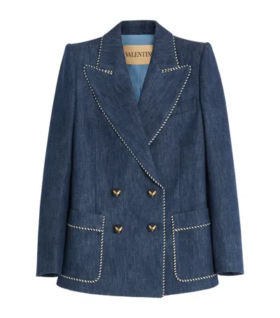 Valentino Denim Double-breasted Blazer In Blue