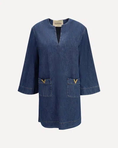 Valentino Vlogo Signature Denim Dress Three Quarter Sleeves In Blue