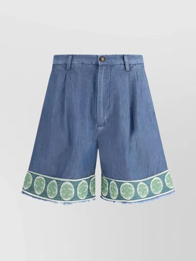 Valentino Denim Embroidered Band Cotton Shorts In Blue