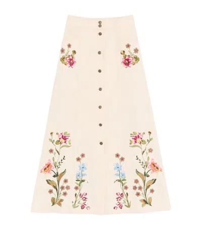 Valentino Denim Embroidered Maxi Skirt In Ivory