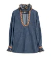 Valentino Womens Embroidered Frilled Cotton-denim Shirt Medium Blue Denim In Blue