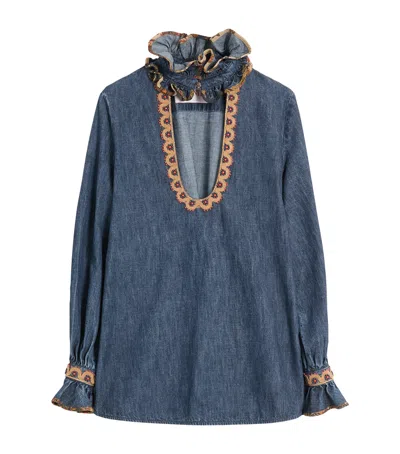 VALENTINO DENIM EMBROIDERED RUFFLED TOP