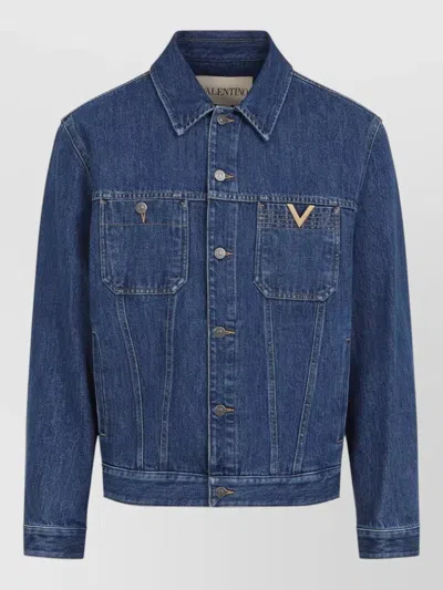 Valentino Denim Jacket Collared Long Sleeves Chest Pockets In Blue