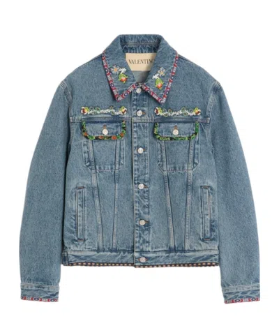 Valentino Denim Jacket With Beaded Embroidery And Printed Edges In Medium Blue