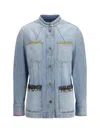 Valentino Embellished Printed Chiffon-trimmed Denim Jacket In Blue