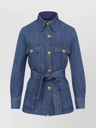 VALENTINO DENIM JACKET WITH POINTED COLLAR AND BELT