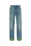 Valentino Medium Blue Jeans With Green Embroidery, Straight Leg, High Waist