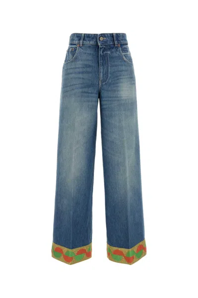 Valentino Wide Leg High Waist Jeans With Colorful Trim In Medium Blue