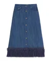 Valentino Tasseled Fringed Denim Midi Skirt In Blue