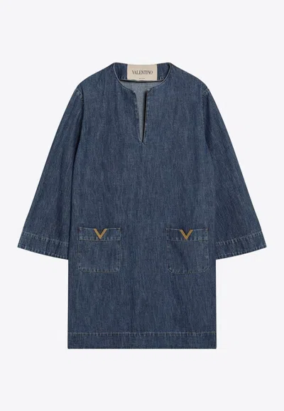 Valentino Vlogo Signature Denim Dress Three Quarter Sleeves In Blue