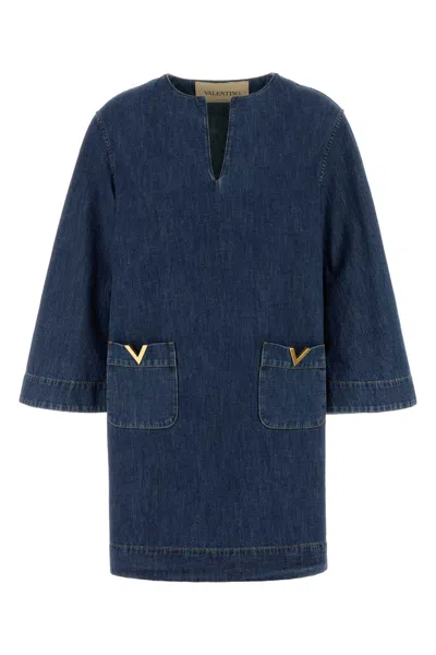 Valentino Vlogo Signature Denim Dress Three Quarter Sleeves In Blue