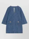 Valentino Vlogo Signature Mini Dress With V-neck And Pockets In Blue