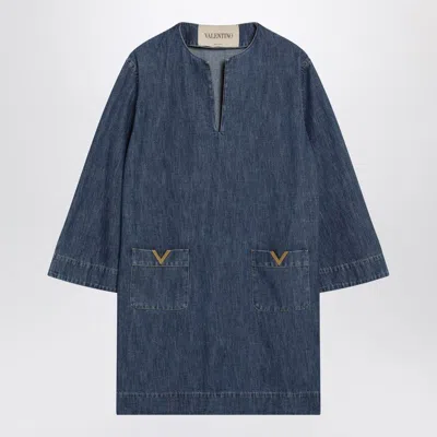 Valentino Vlogo Signature Denim Dress Three Quarter Sleeves In Blue