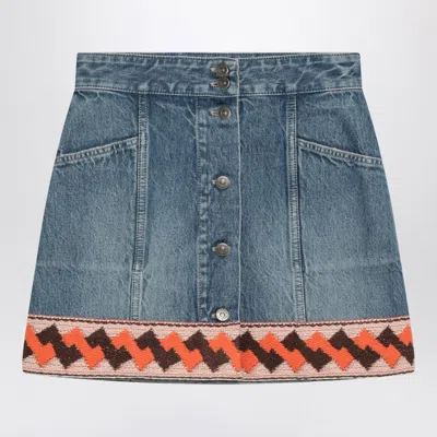 Valentino Denim Mini Skirt With Jacquard Trim In Gray