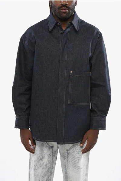VALENTINO DENIM OVERSHIRT WITH HIDDEN BUTTONING AND LEATHER LOGO PATCH