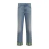 Valentino Medium Blue Jeans With Green Embroidery, Straight Leg, High Waist