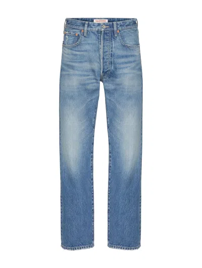 Valentino Denim Trousers With Metallic V Detail In Blue