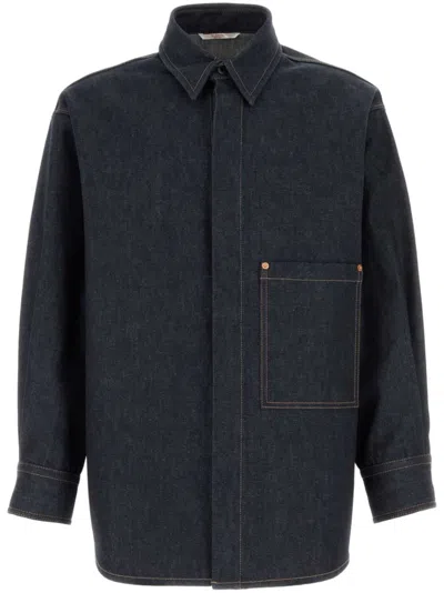 Valentino Denim Overshirt With Hidden Buttoning And Leather Logo Patch In Blue