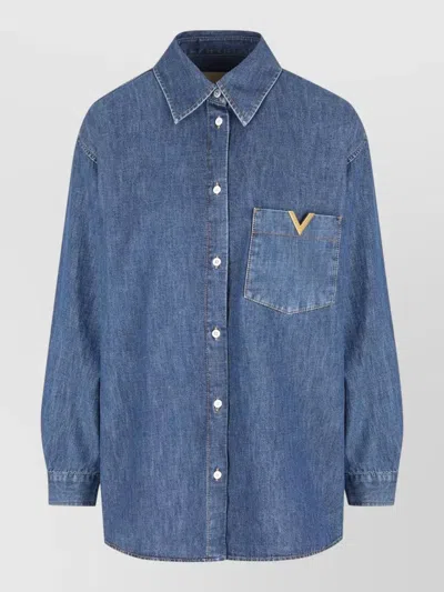Valentino Denim Shirt Long Sleeves Loose Fit Collar In Blue