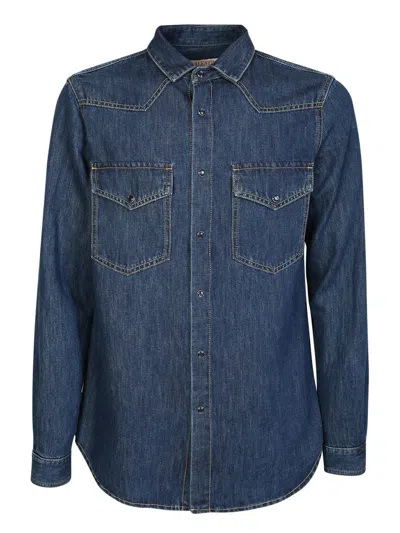 Valentino Denim Shirt With Buttoned Closure In Green