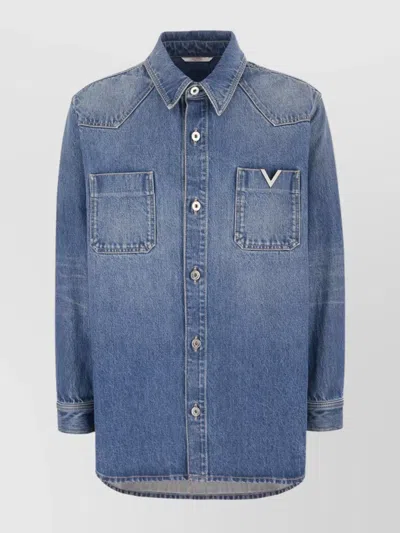 Valentino Denim Shirt With Chest Pockets And Long Sleeves In Blue