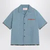 Valentino Garavani Denim Bowling Shirt With Floral Trim In Blue