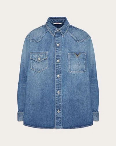 Valentino Denim Shirt With Metallic V Detail In Blue